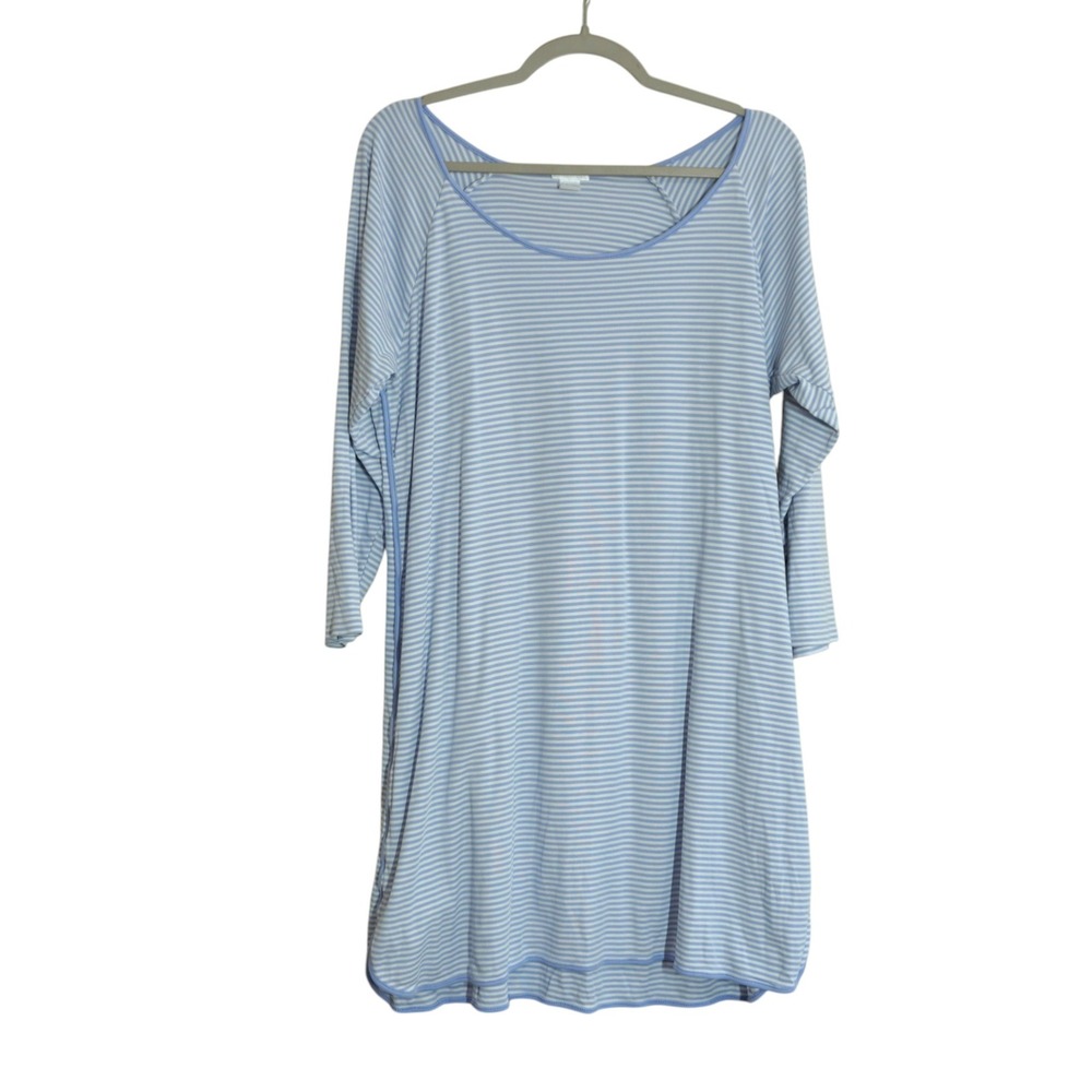 LAKE Size XL Pima Cotton Sleep Shirt Striped Nightgown Blue White 3/4 Sleeve